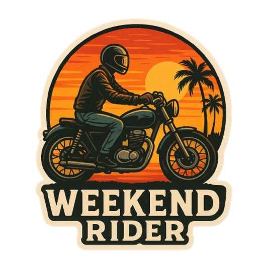 Smeeps Weekend Rider Sticker – 10.16 x 10.16 cm | Sunset Scene Vinyl Bike Decal (Bold Rider & Palm Silhouette Design)