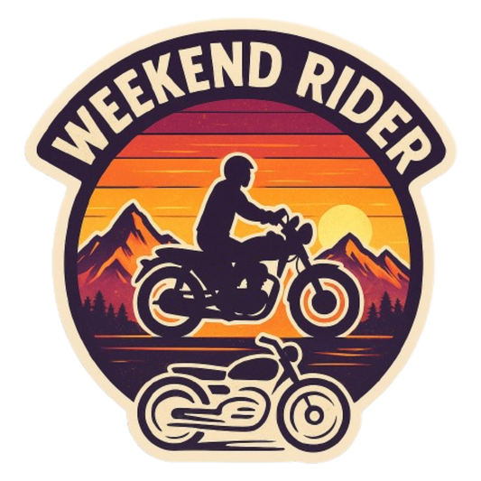 Smeeps Weekend Rider Mountain Sticker – 10.16 x 10.16 cm | Adventure Vinyl Bike Decal (Sunset & Silhouette Design)