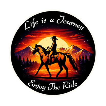 Smeeps Life is a Journey Sticker – 10.16 × 10.16 cm (4 × 4 Inch) Premium Vinyl Decal | Horse Rider Sunset Adventure Design | Waterproof UV Resistant Wash Proof | Pack of 1