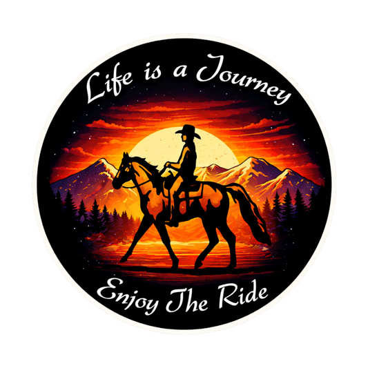 Smeeps Life is a Journey Sticker – 10.16 × 10.16 cm (4 × 4 Inch) Premium Vinyl Decal | Horse Rider Sunset Adventure Design | Waterproof UV Resistant Wash Proof | Pack of 1