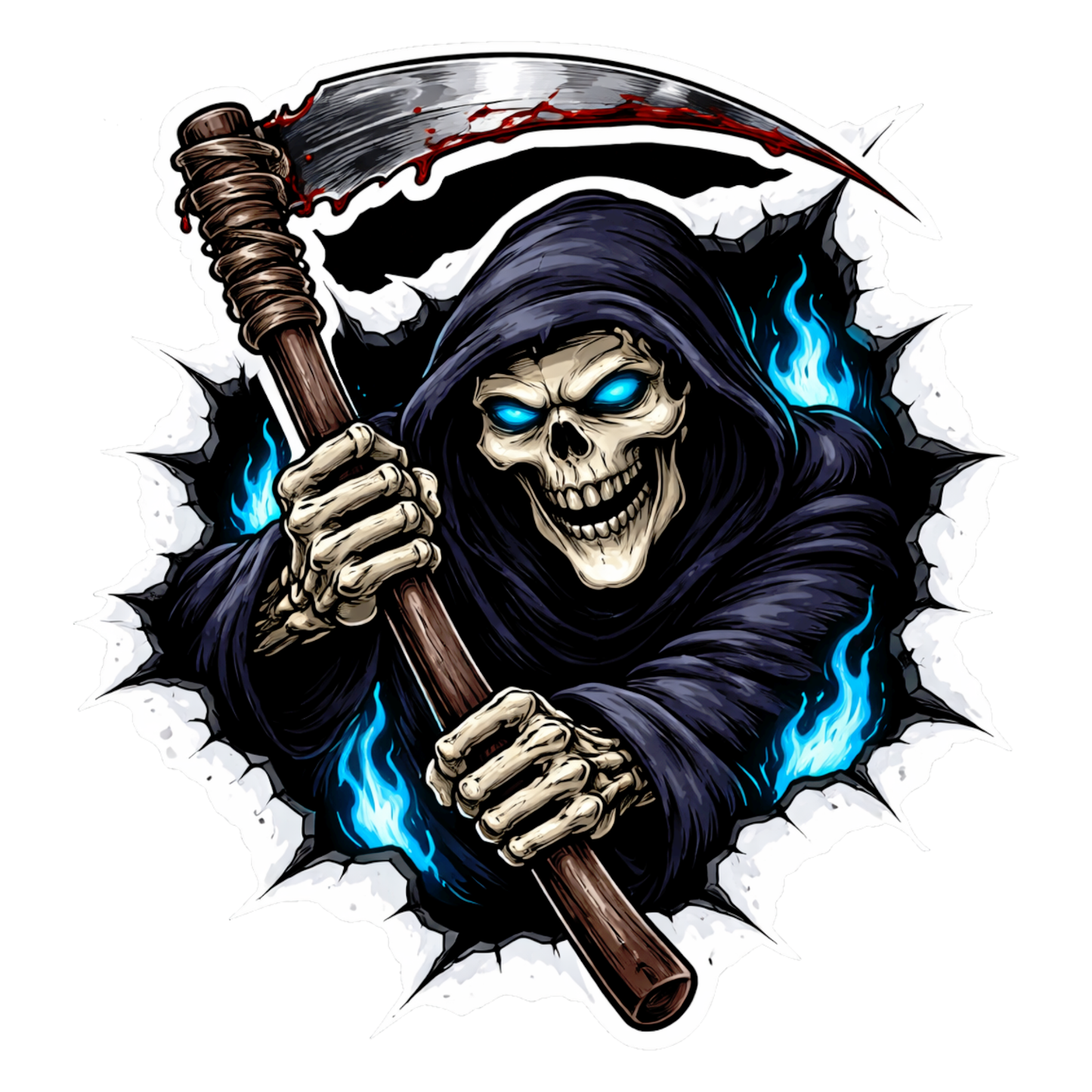 Smeeps Grim Reaper Skull Vinyl Sticker – 10.16 × 9.40 cm (4 × 3.7 Inch) Waterproof Biker Decal | Horror Skeleton Scythe Sticker | UV Resistant Wash Proof | Pack of 1