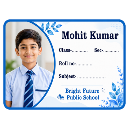 Custom Photo School Name Labels – 7.62 × 5.59 cm (3 × 2.2 Inch) Personalized Waterproof Notebook Stickers for Kids School Books, Water Bottles & Accessories | Premium Blue Theme Pack of 36