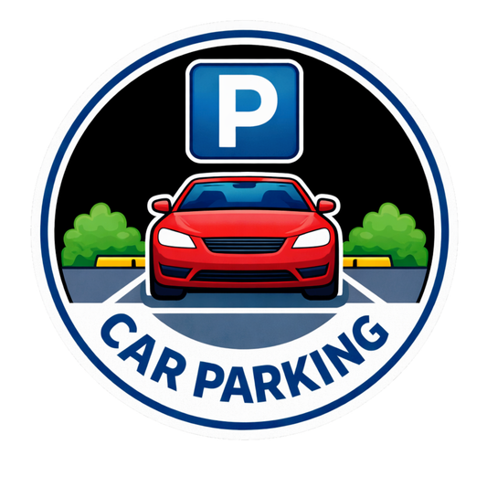 Smeeps Car Parking Sticker – 15.49 × 15.24 cm (6.1 × 6 Inch) Premium Vinyl Decal | Round Car Parking Sign with “P” Symbol & Car Illustration | Waterproof UV Resistant Wash Proof | Pack of 1