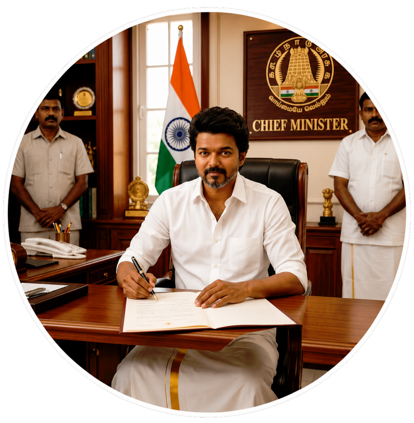Thalapathy Vijay Chief Minister Round Sticker – 10.16 × 10.16 cm (4 × 4 Inch) Waterproof UV Resistant Vinyl Car & Bike Sticker for Car, Bike, Helmet & Laptop | Premium Fan Art Decal Pack of 1