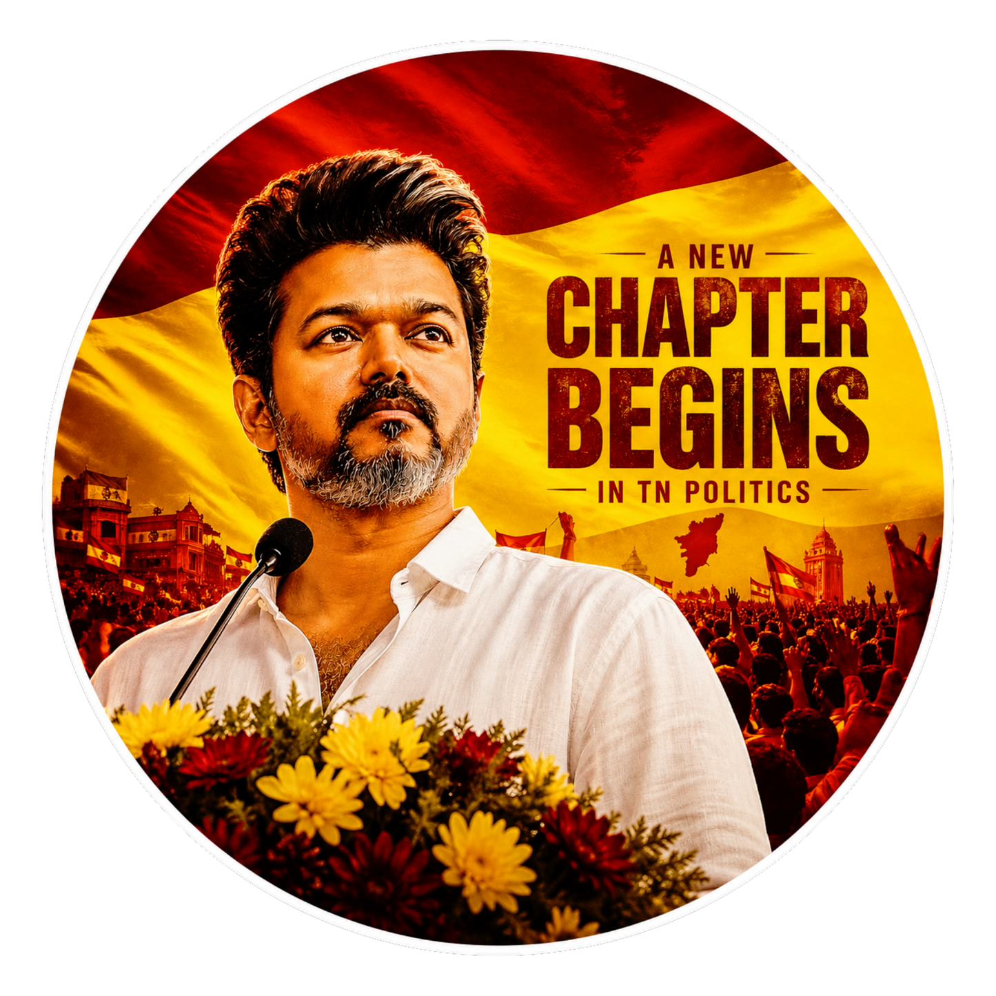 Thalapathy Vijay “A New Chapter Begins” Round Sticker – 10.16 × 10.16 cm (4 × 4 Inch) Waterproof UV Resistant Vinyl Car & Bike Sticker for Car, Helmet, Laptop & Bike | Premium Political Theme Decal Pack of 1