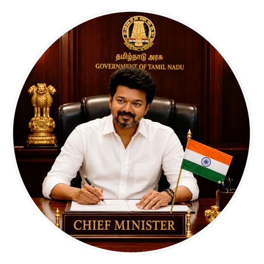 Thalapathy Vijay Chief Minister Office Round Sticker – 10.16 × 10.16 cm (4 × 4 Inch) Waterproof UV Resistant Vinyl Car & Bike Sticker for Car, Helmet, Laptop & Rear Glass | Premium Fan Art Decal Pack of 1
