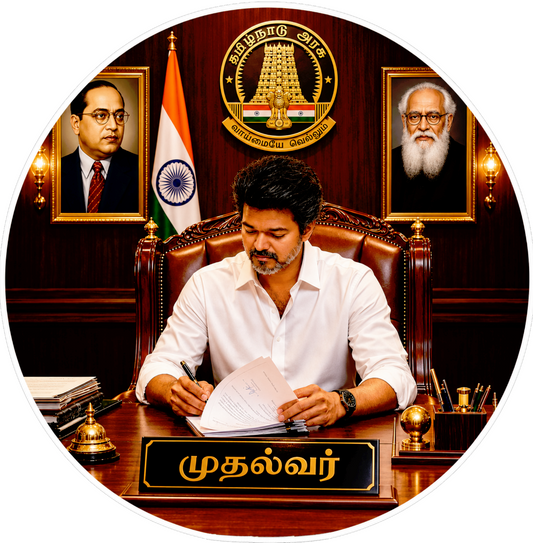 Thalapathy Vijay “Mudhalvar” Round Sticker – 10.16 × 10.16 cm (4 × 4 Inch) Waterproof UV Resistant Vinyl Car & Bike Sticker for Car, Helmet, Laptop & Rear Glass | Premium Political Fan Art Decal Pack of 1