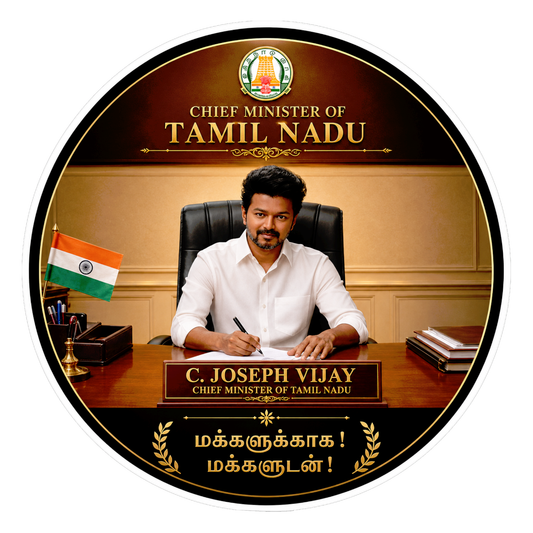 Thalapathy Vijay “Chief Minister of Tamil Nadu” Round Sticker – 10.16 × 10.16 cm (4 × 4 Inch) Waterproof UV Resistant Vinyl Car & Bike Sticker for Car, Helmet, Laptop & Rear Glass | Premium Political Fan Art Decal Pack of 1