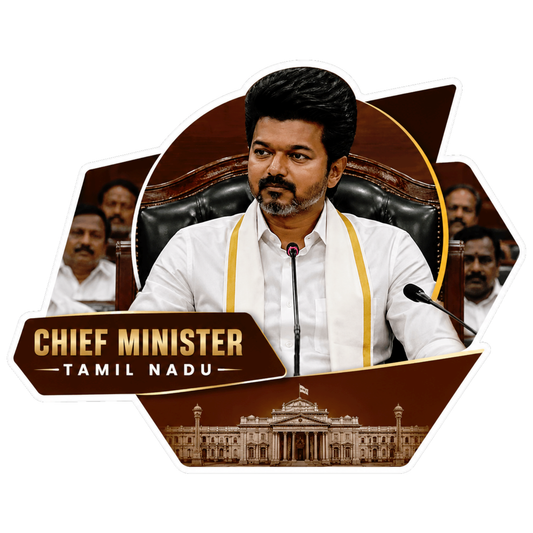 Thalapathy Vijay “Chief Minister of Tamil Nadu” Die-Cut Sticker – 11.43 × 8.89 cm (4.5 × 3.5 Inch) Waterproof UV Resistant Vinyl Car & Bike Sticker for Car, Helmet, Laptop & Rear Glass | Premium Political Fan Art Decal Pack of 1