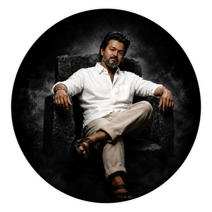 Thalapathy Vijay Classic Portrait Round Sticker – 10.16 × 10.16 cm (4 × 4 Inch) Waterproof UV Resistant Vinyl Car & Bike Sticker for Car, Helmet, Laptop & Rear Glass | Premium Stylish Fan Art Decal Pack of 1