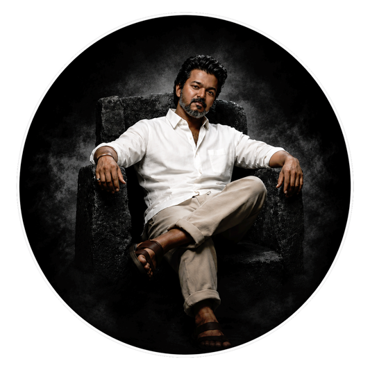Thalapathy Vijay Classic Portrait Round Sticker – 10.16 × 10.16 cm (4 × 4 Inch) Waterproof UV Resistant Vinyl Car & Bike Sticker for Car, Helmet, Laptop & Rear Glass | Premium Stylish Fan Art Decal Pack of 1