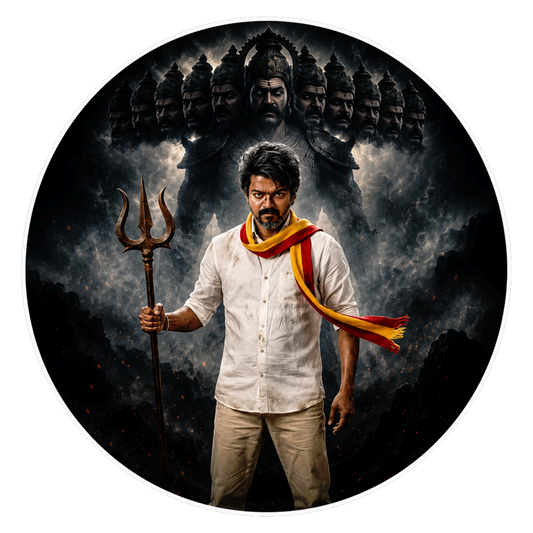 Thalapathy Vijay  Warrior Round Sticker – 10.16 × 10.16 cm (4 × 4 Inch) Waterproof UV Resistant Vinyl Car & Bike Sticker for Car, Helmet, Laptop & Rear Glass | Premium Cinematic Fan Art Decal Pack of 1