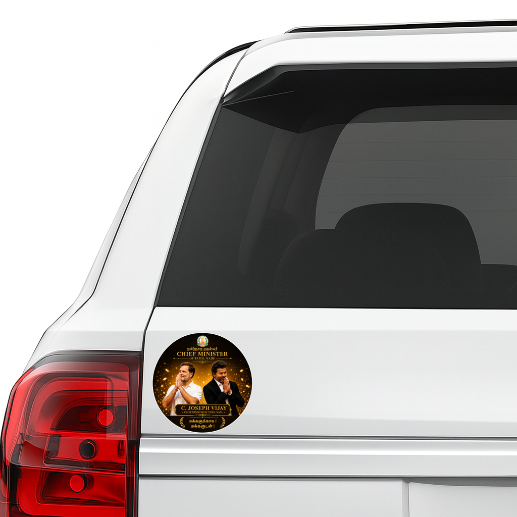 Thalapathy Vijay “Chief Minister of Tamil Nadu” Premium Round Sticker – 10.16 × 10.16 cm (4 × 4 Inch) Waterproof UV Resistant Vinyl Car & Bike Sticker for Car, Helmet, Laptop & Rear Glass | Political Fan Art Decal Pack of 1