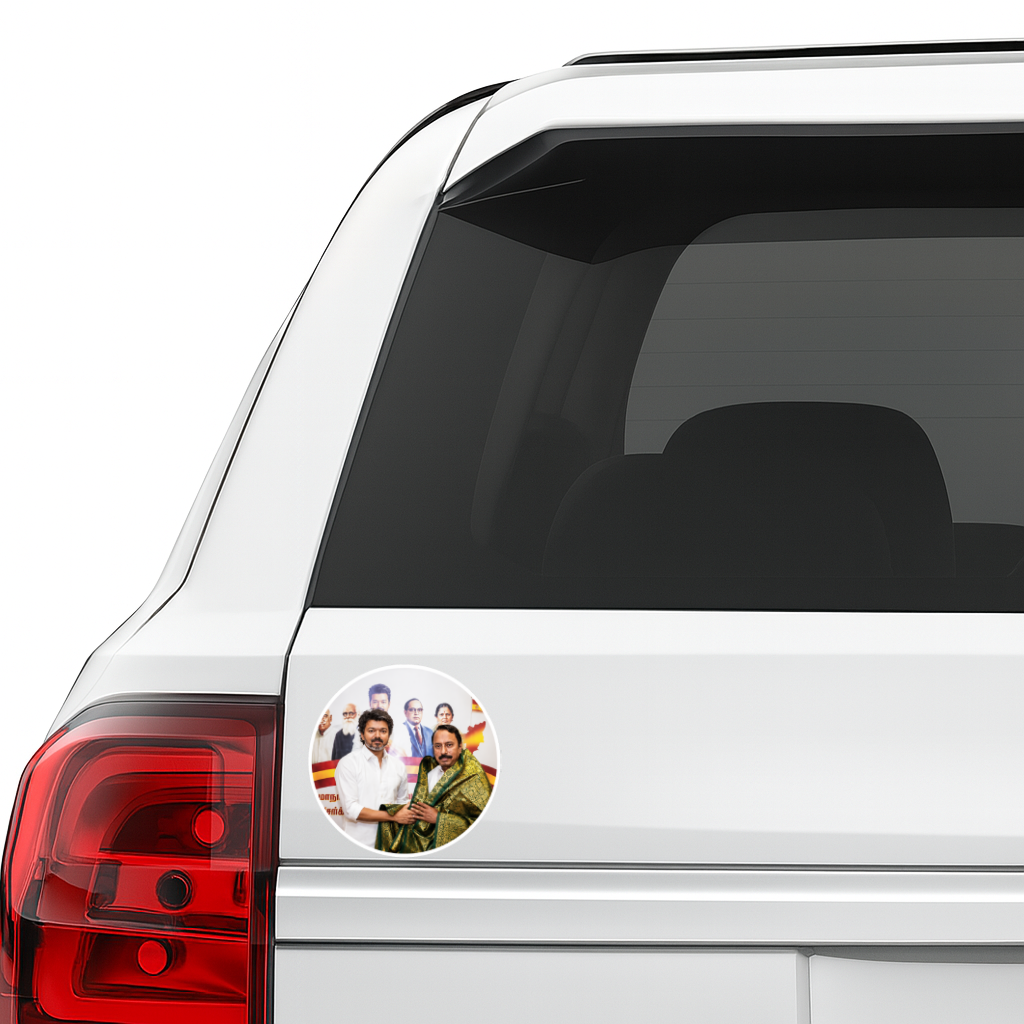 Thalapathy Vijay Political Tribute Round Sticker – 10.16 × 10.16 cm (4 × 4 Inch) Waterproof UV Resistant Vinyl Car & Bike Sticker for Car, Helmet, Laptop & Rear Glass | Premium Fan Art Decal Pack of 1