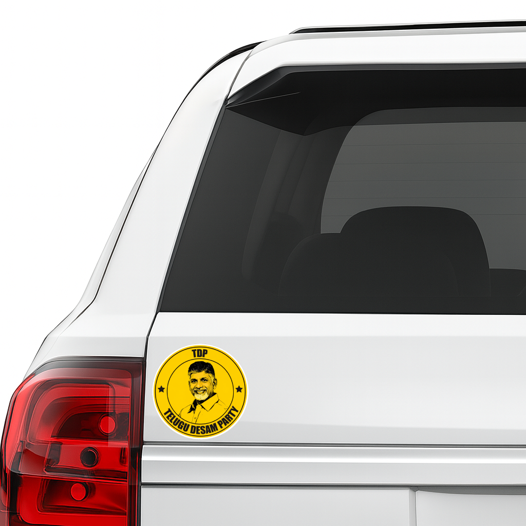Smeeps TDP Telugu Desam Party Leader Round Vinyl Sticker – 10.16 × 10.16 cm (4 × 4 Inch) Political Car Bike Laptop Sticker | Waterproof UV Resistant Wash Proof | Pack of 1