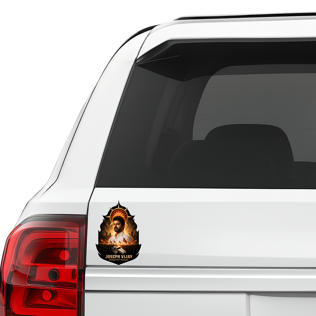 Thalapathy Vijay “Joseph Vijay” Die-Cut Sticker – 11.43 × 8.12 cm (4.5 × 3.2 Inch) Waterproof UV Resistant Vinyl Car & Bike Sticker for Car, Helmet, Laptop & Rear Glass | Premium Tamilaga Vettri Kazhagam Fan Art Decal Pack of 1
