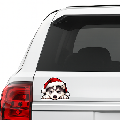 Smeeps Cute Husky Christmas Sticker – 11.94 × 9.15 cm (4.7 × 3.6 Inch) Premium Vinyl Decal | Santa Cap Puppy Dog Design | Waterproof UV Resistant Wash Proof | Pack of 1