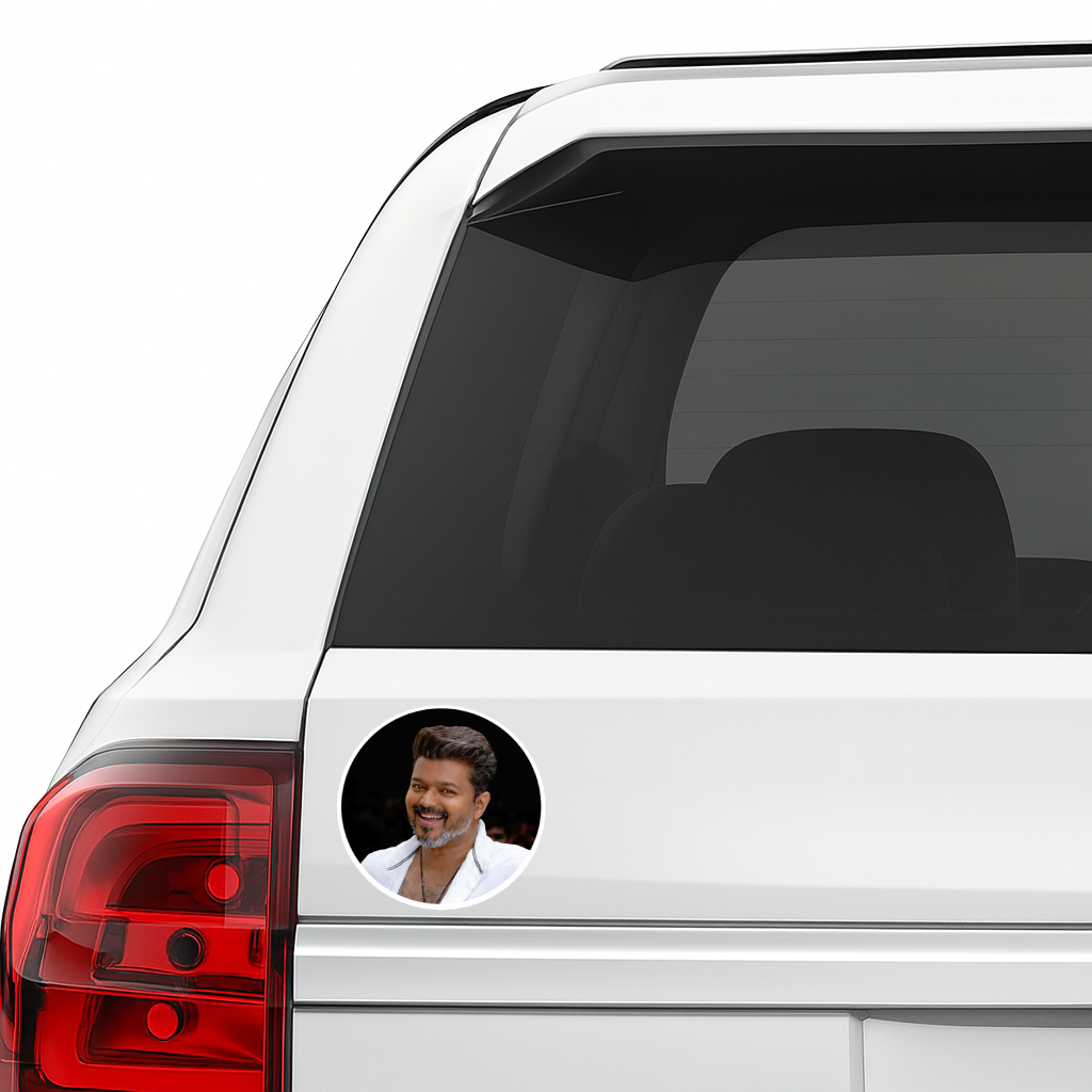 Smeeps Vijay Smiling Face Circular Car Sticker – 10.16 × 10.16 cm (4 × 4 Inch) Premium Vinyl Decal | Black Background Design | Waterproof UV Resistant Wash Proof | Pack of 1