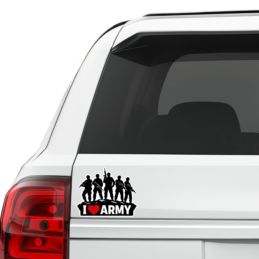 Smeeps I Love Army Vinyl Sticker – 11.43 × 9.15 cm (4.5 × 3.6 Inch) Waterproof Army Lover Car & Bike Sticker | Military Theme Die-Cut Decal | Pack of 1