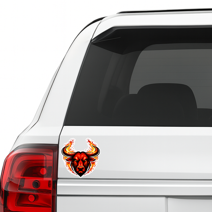 Smeeps Flaming Bull Face Vinyl Sticker – 10.16 × 10.16 cm (4 × 4 Inch) Waterproof Bike & Car Sticker | Fire Horn Bull Decal | UV Resistant Wash Proof | Pack of 1