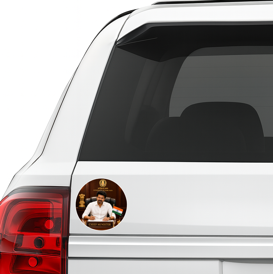 Thalapathy Vijay Chief Minister Office Round Sticker – 10.16 × 10.16 cm (4 × 4 Inch) Waterproof UV Resistant Vinyl Car & Bike Sticker for Car, Helmet, Laptop & Rear Glass | Premium Fan Art Decal Pack of 1