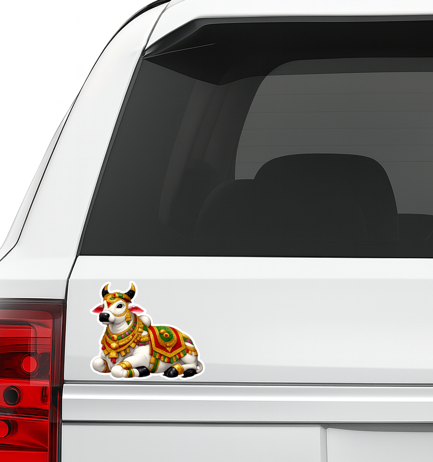 Smeeps Sacred Nandi Bull Sticker – 12.7 × 10.93 cm (5 × 4.3 Inch) Hindu Religious Vinyl Decal for Car, Bike, Door & Wall | Waterproof UV Resistant Devotional Sticker