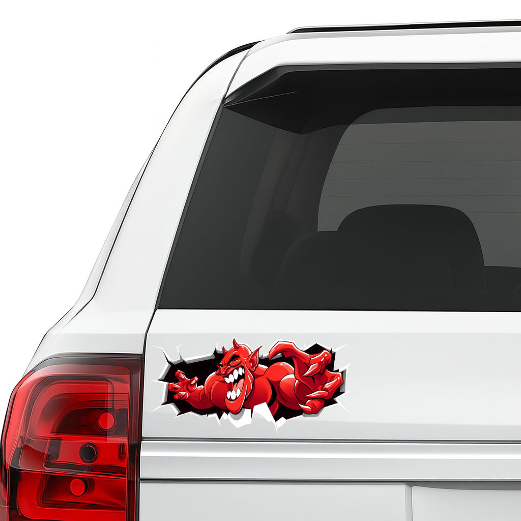 Smeeps Red Devil Sticker – 11.43 × 5.59 cm (4.5 × 2.2 Inch) Premium Vinyl Decal | Angry Demon Cartoon Breakout Design | Waterproof UV Resistant Wash Proof | Pack of 1