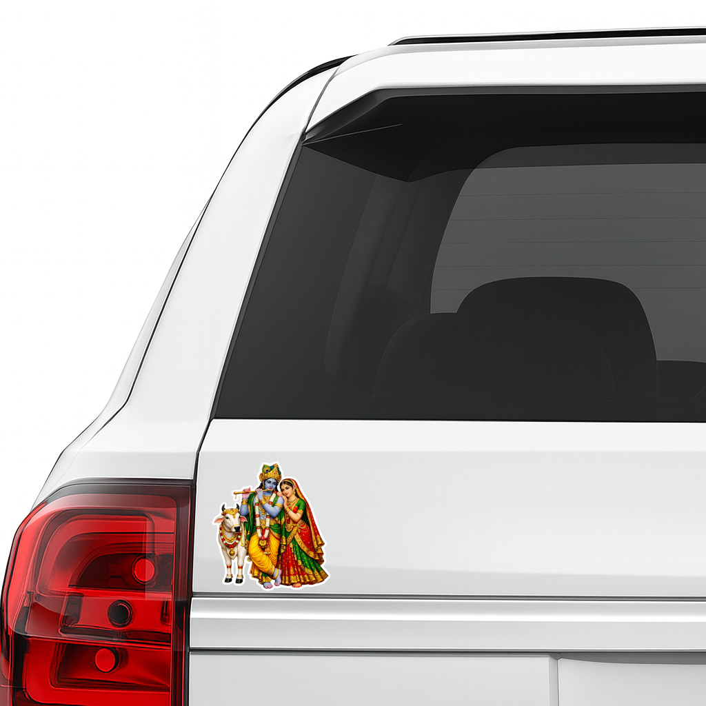 Smeeps Radha Krishna Vinyl Sticker – 11.43 × 10.42 cm (4.5 × 4.1 Inch) Waterproof Devotional Car Sticker | UV Resistant Radha Krishna Cow Decal for Car, Bike, Laptop & Wall | Pack of 1