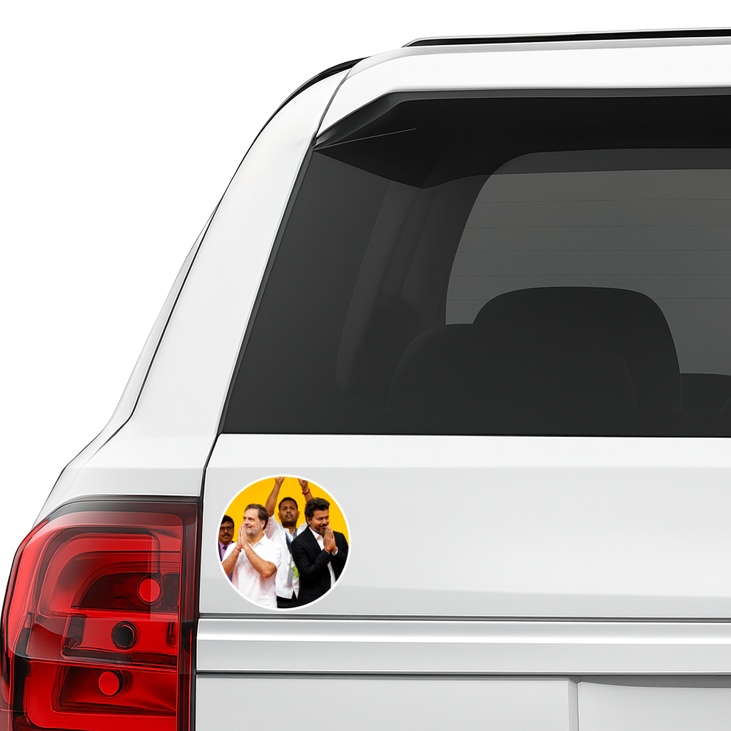 Thalapathy Vijay & Rahul Gandhi Round Sticker – 10.16 × 10.16 cm (4 × 4 Inch) Waterproof UV Resistant Vinyl Car & Bike Sticker for Car, Helmet, Laptop & Rear Glass | Premium Political Fan Art Decal Pack of 1