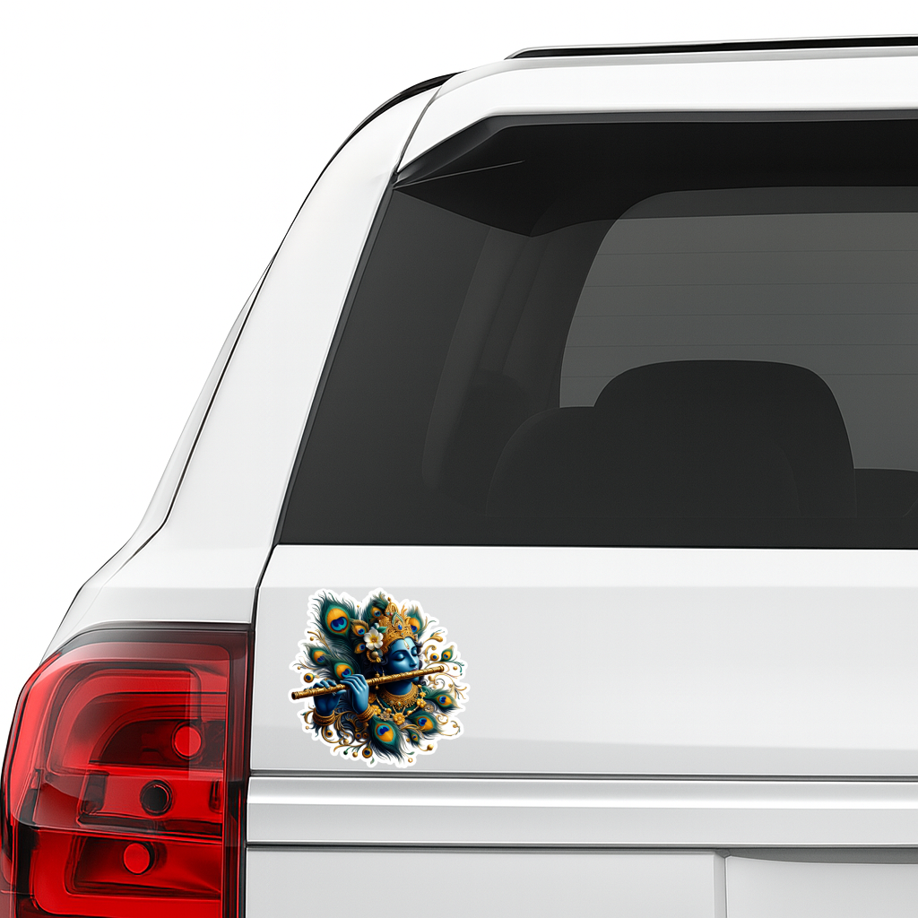 Smeeps Lord Krishna Sticker – 10.16 × 10.16 cm (4 × 4 Inch) Premium Vinyl Decal | Flute & Peacock Feather Divine Design | Waterproof UV Resistant Wash Proof | Pack of 1
