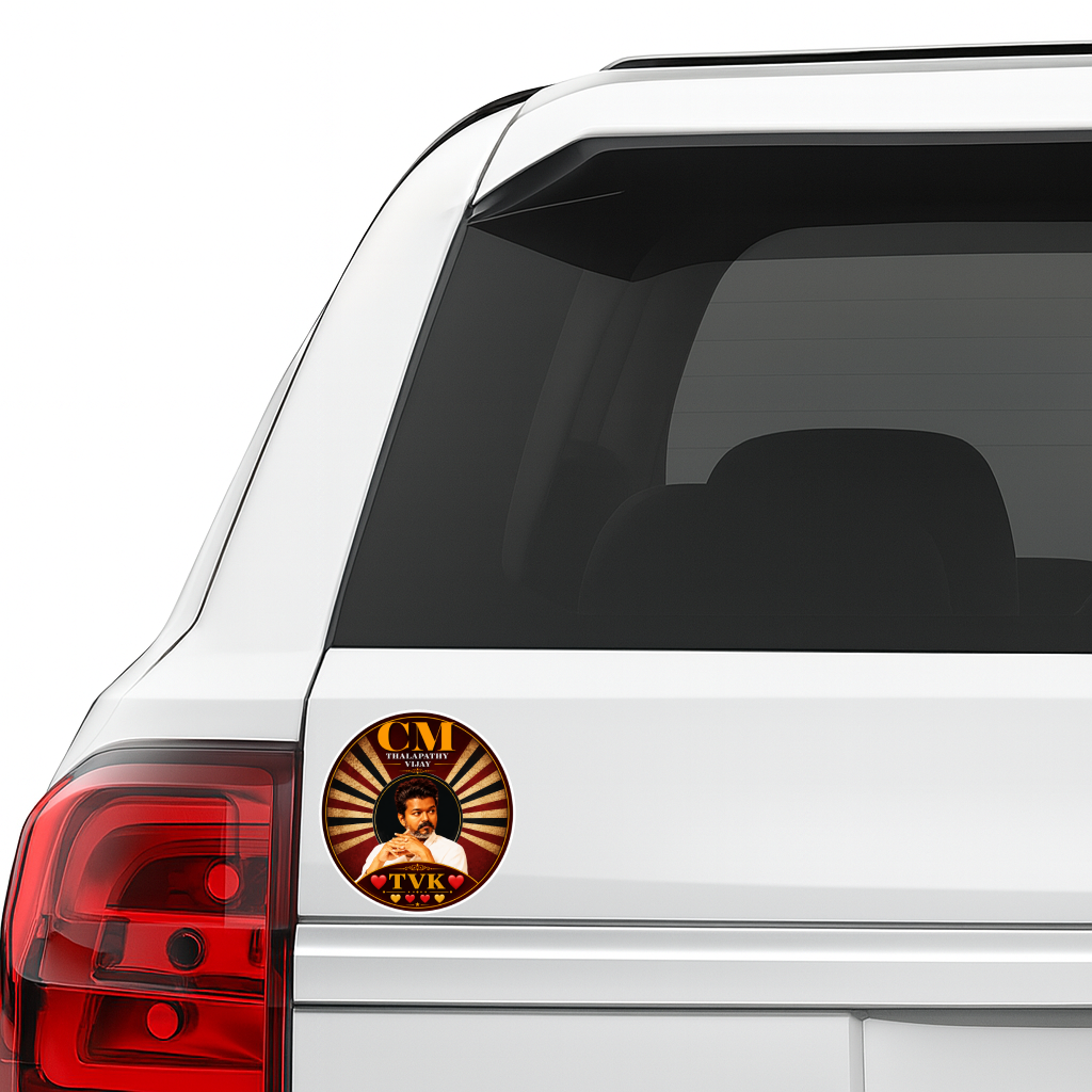 Thalapathy Vijay “CM TVK” Round Sticker – 10.16 × 10.16 cm (4 × 4 Inch) Waterproof UV Resistant Vinyl Car & Bike Sticker for Car, Helmet, Laptop & Rear Glass | Premium Tamil Political Fan Art Decal Pack of 1