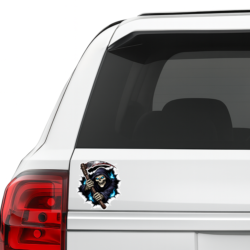 Smeeps Grim Reaper Skull Vinyl Sticker – 10.16 × 9.40 cm (4 × 3.7 Inch) Waterproof Biker Decal | Horror Skeleton Scythe Sticker | UV Resistant Wash Proof | Pack of 1