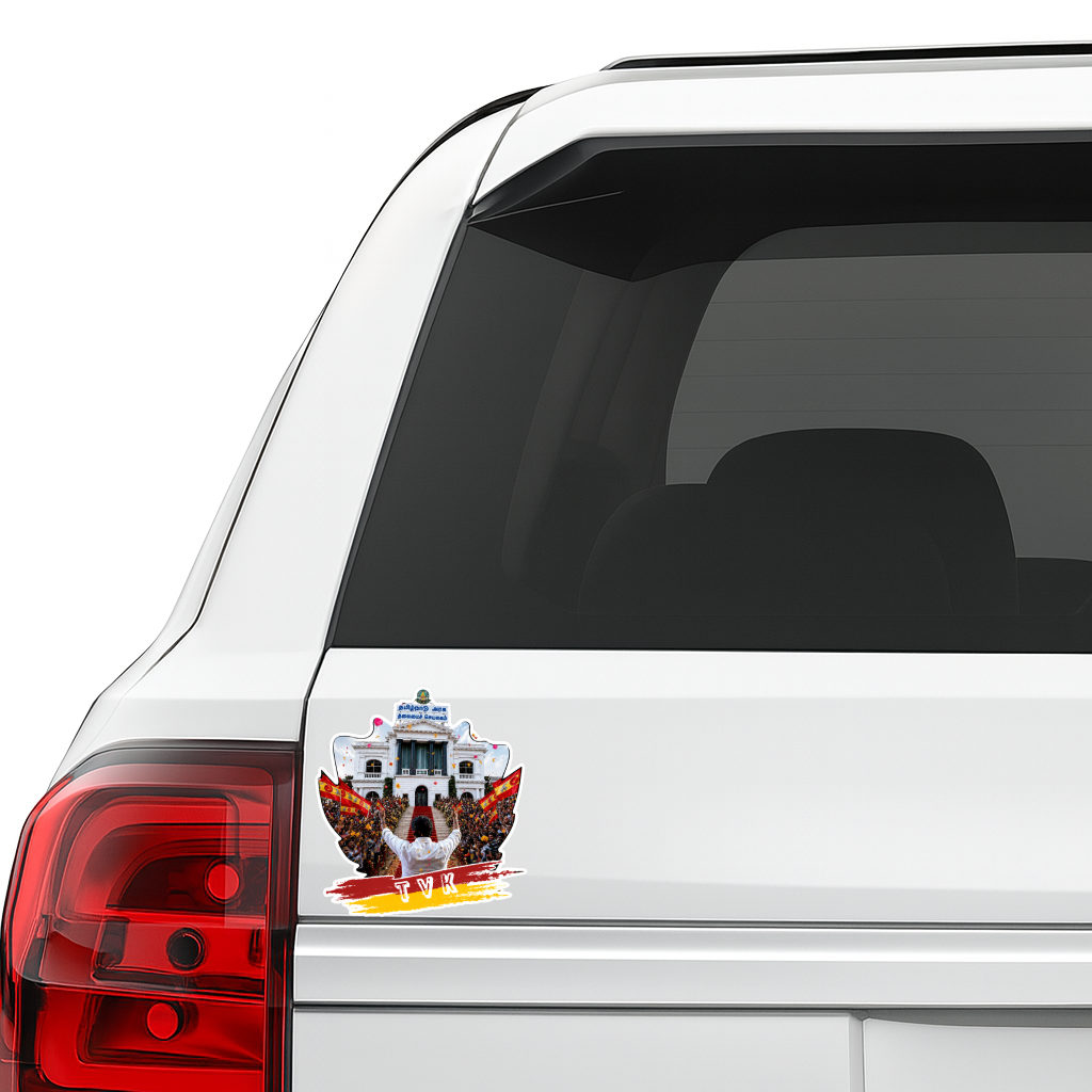 Thalapathy Vijay TVK Political Rally Die-Cut Sticker – 11.43 × 10.42 cm (4.5 × 4.1 Inch) Waterproof UV Resistant Vinyl Car & Bike Sticker for Car, Helmet, Laptop & Rear Glass | Premium Tamilaga Vettri Kazhagam Fan Art Decal Pack of 1