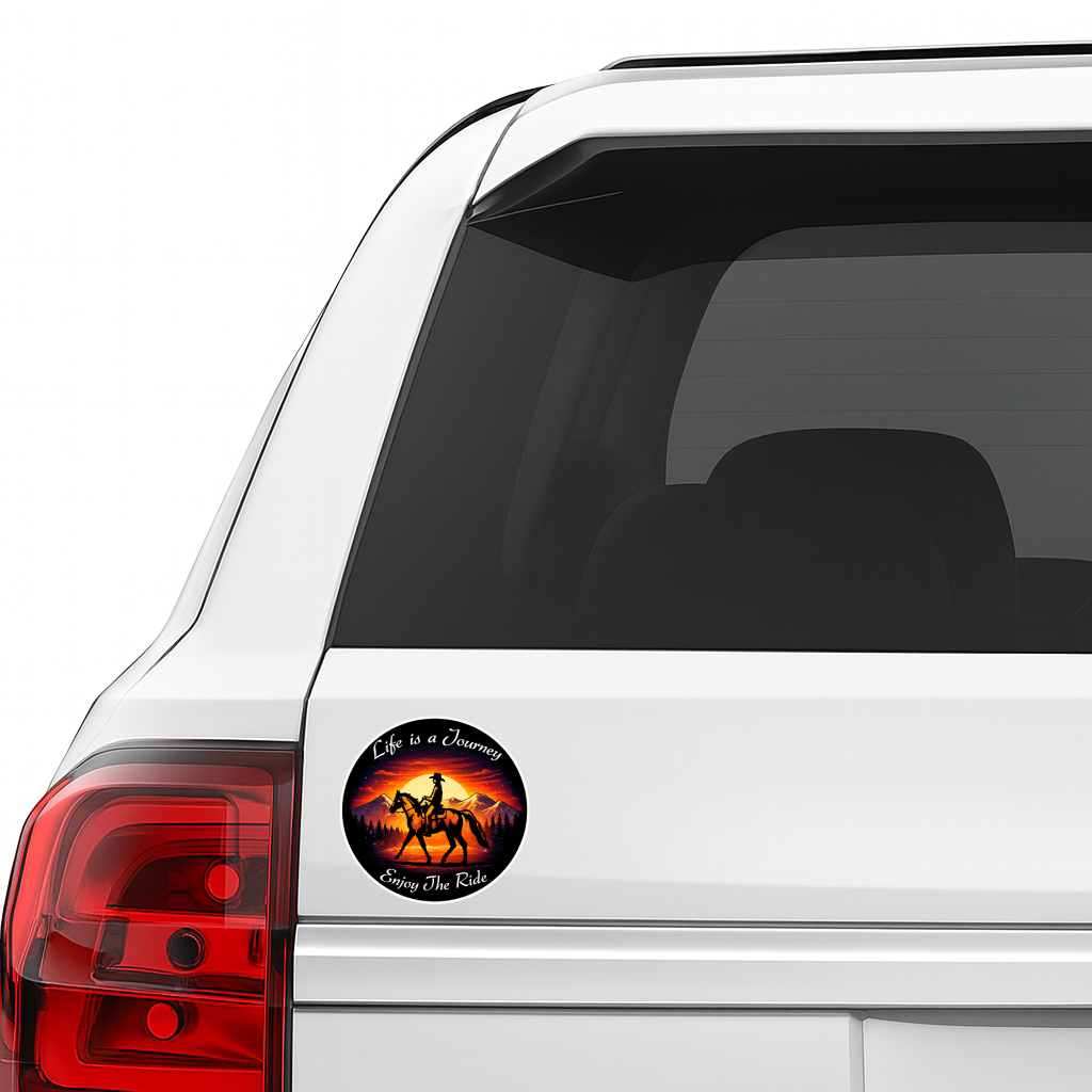Smeeps Life is a Journey Sticker – 10.16 × 10.16 cm (4 × 4 Inch) Premium Vinyl Decal | Horse Rider Sunset Adventure Design | Waterproof UV Resistant Wash Proof | Pack of 1