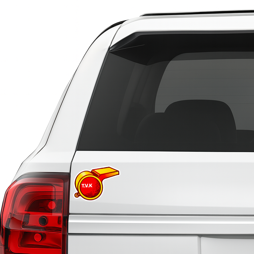 Smeeps TVK Whistle Symbol Sticker – 11.69 × 8.89 cm (4.6 × 3.5 Inch) Premium Vinyl Decal | Bold Red & Yellow TVK Design | Waterproof UV Resistant Wash Proof | Pack of 1