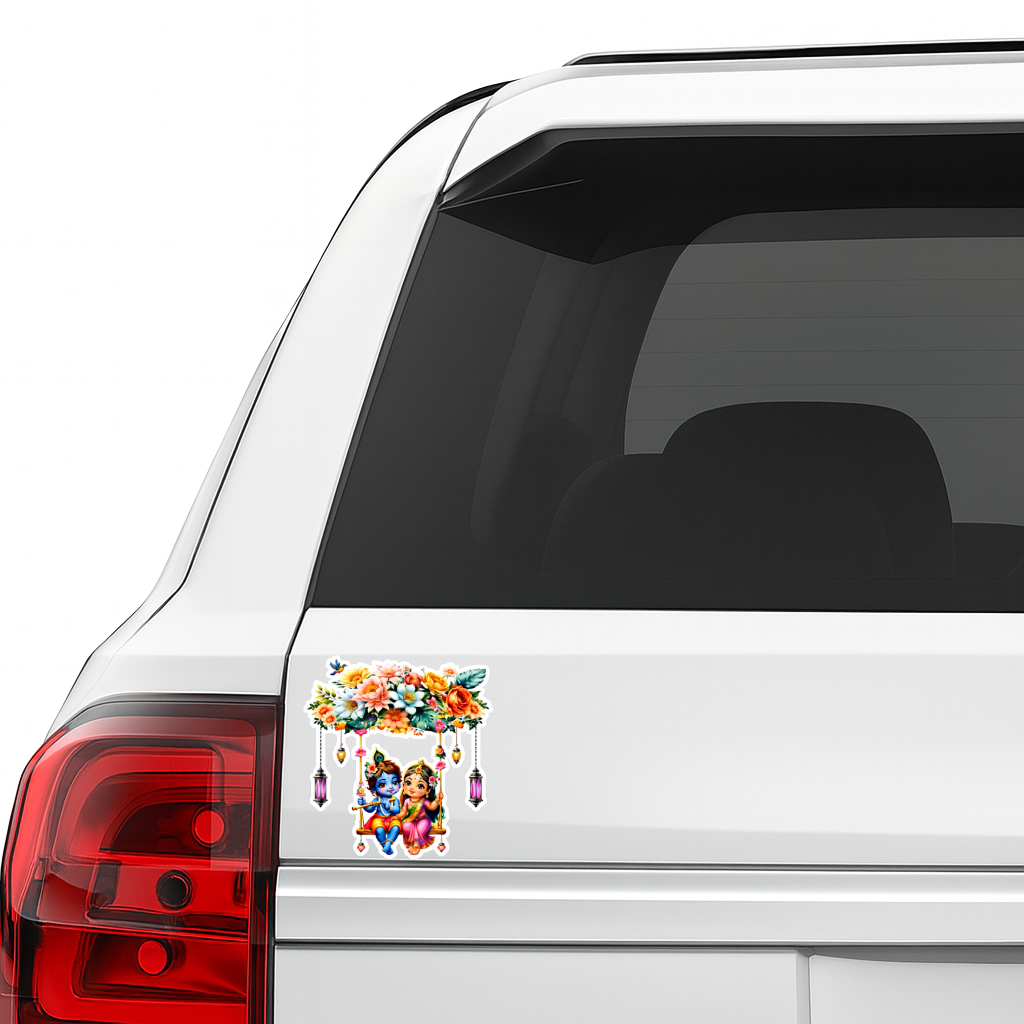 Smeeps Radha Krishna Swing Sticker – 10.16 × 10.93 cm (4 × 4.3 Inch) Premium Vinyl Decal | Cute Floral Krishna Radha Design | Waterproof UV Resistant Wash Proof | Pack of 1