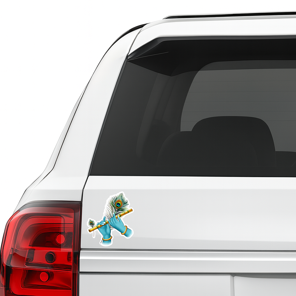 Smeeps Krishna Flute Sticker – 9.66 × 11.43 cm (3.8 × 4.5 Inch) Premium Vinyl Decal | Lord Krishna Hands with Flute & Peacock Feather Design | Waterproof UV Resistant Wash Proof | Pack of 1