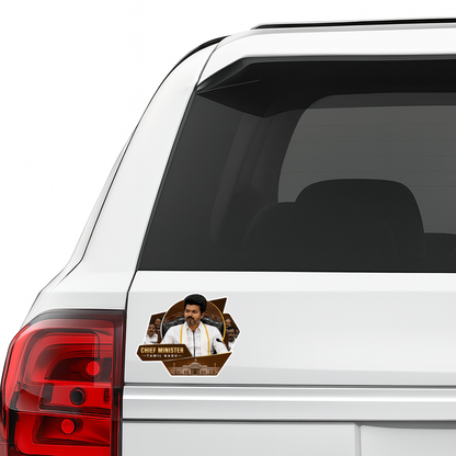 Thalapathy Vijay “Chief Minister of Tamil Nadu” Die-Cut Sticker – 11.43 × 8.89 cm (4.5 × 3.5 Inch) Waterproof UV Resistant Vinyl Car & Bike Sticker for Car, Helmet, Laptop & Rear Glass | Premium Political Fan Art Decal Pack of 1