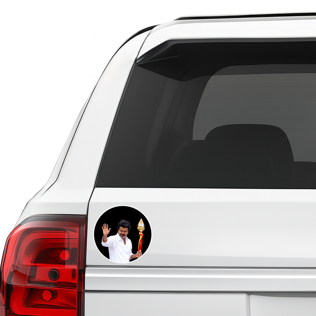 Smeeps Vijay Circular Car Sticker – 10.16 × 10.16 cm (4 × 4 Inch) Premium Vinyl Decal | Black Background Design | Waterproof UV Resistant Wash Proof | Pack of 1