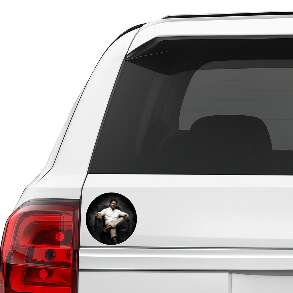 Thalapathy Vijay Classic Portrait Round Sticker – 10.16 × 10.16 cm (4 × 4 Inch) Waterproof UV Resistant Vinyl Car & Bike Sticker for Car, Helmet, Laptop & Rear Glass | Premium Stylish Fan Art Decal Pack of 1