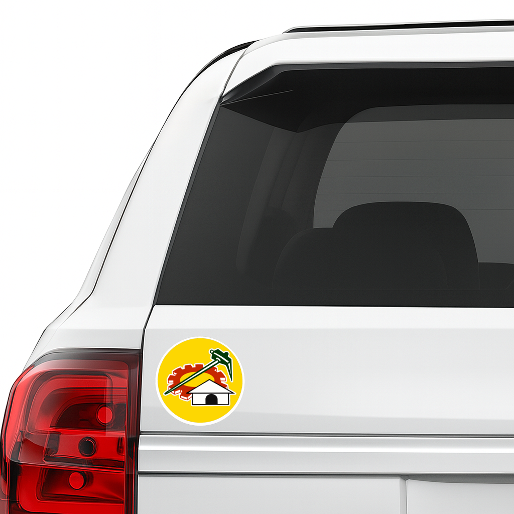 Smeeps TDP Party Symbol Round Vinyl Sticker – 10.16 × 10.16 cm (4 × 4 Inch) Telugu Desam Political Car Bike Helmet Sticker | Waterproof UV Resistant Wash Proof | Pack of 1
