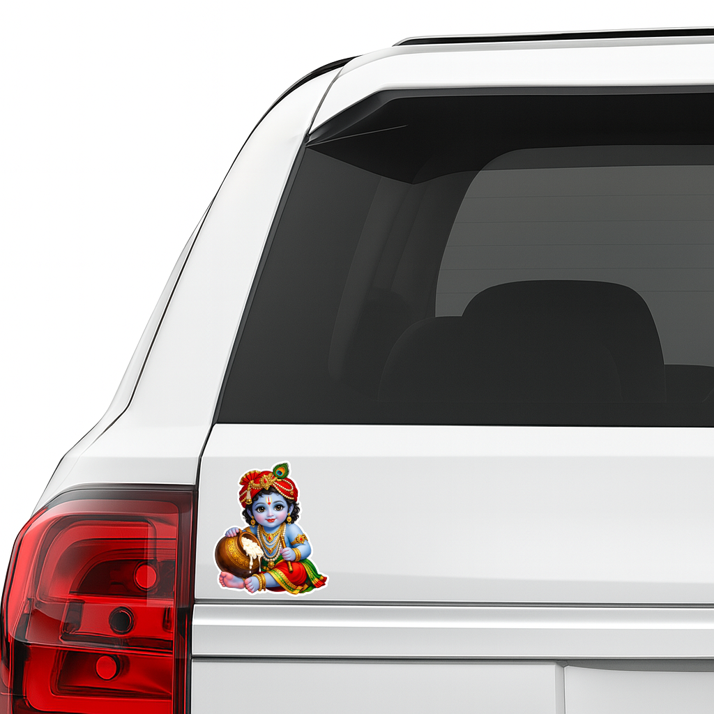 Smeeps Bal Krishna Vinyl Sticker – 11.43 × 9.66 cm (4.5 × 3.8 Inch) Waterproof Krishna Butter Pot Sticker | UV Resistant Cute Baby Krishna Decal for Car, Bike, Laptop & Wall | Pack of 1
