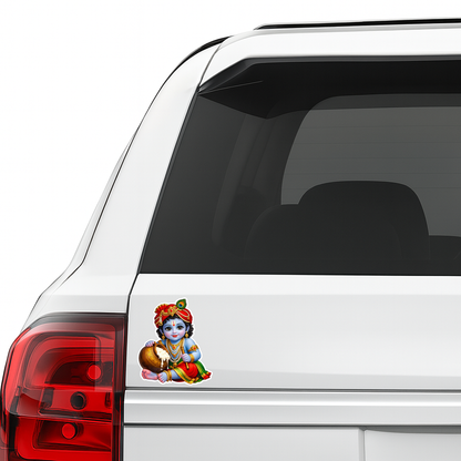 Smeeps Bal Krishna Vinyl Sticker – 11.43 × 9.66 cm (4.5 × 3.8 Inch) Waterproof Krishna Butter Pot Sticker | UV Resistant Cute Baby Krishna Decal for Car, Bike, Laptop & Wall | Pack of 1
