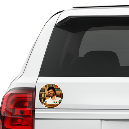 Thalapathy Vijay Round Bike Sticker – 10.16 × 10.16 cm (4 × 4 Inch) Waterproof UV Resistant Vinyl Bike Decal for Bike Mudguard, Car, Helmet & Laptop | Premium Round Sticker Pack of 1