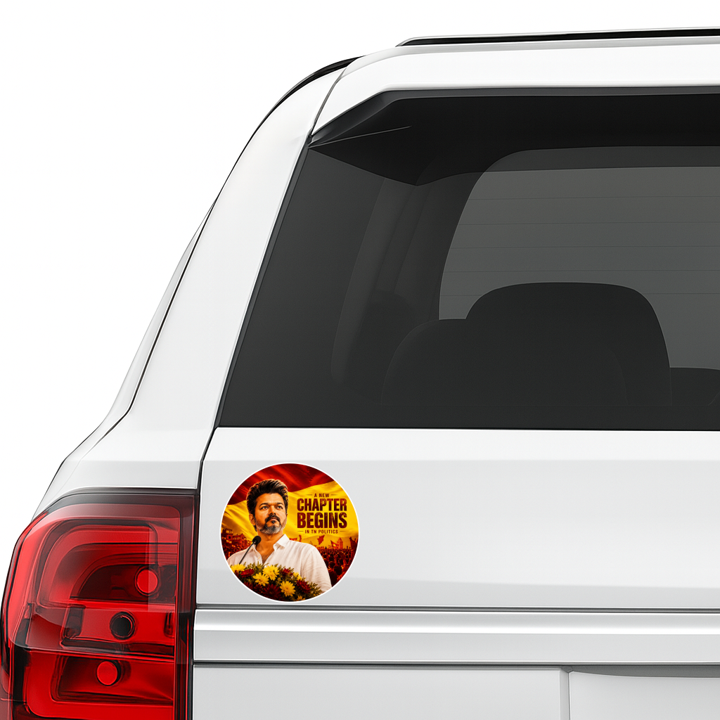 Thalapathy Vijay “A New Chapter Begins” Round Sticker – 10.16 × 10.16 cm (4 × 4 Inch) Waterproof UV Resistant Vinyl Car & Bike Sticker for Car, Helmet, Laptop & Bike | Premium Political Theme Decal Pack of 1