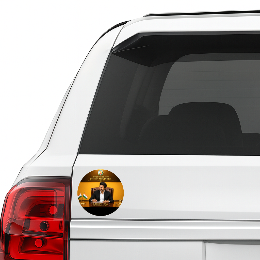 Thalapathy Vijay Chief Minister Premium Round Sticker – 10.16 × 10.16 cm (4 × 4 Inch) Waterproof UV Resistant Vinyl Car & Bike Sticker for Car, Helmet, Laptop & Rear Glass | Premium Political Fan Art Decal Pack of 1