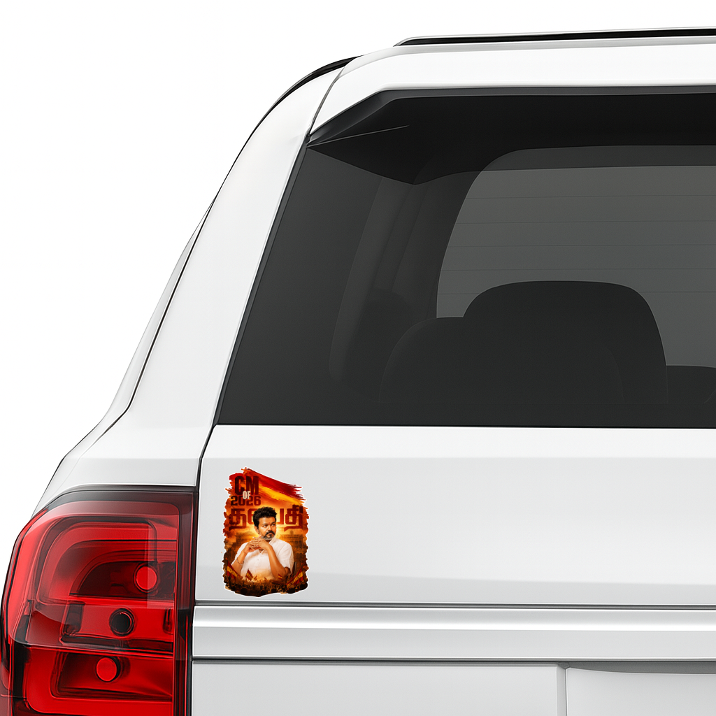 Thalapathy Vijay “CM of 2026” Die-Cut Sticker – 11.43 × 7.62 cm (4.5 × 3 Inch) Waterproof UV Resistant Vinyl Car & Bike Sticker for Car, Helmet, Laptop & Rear Glass | Premium Tamil Political Fan Art Decal Pack of 1