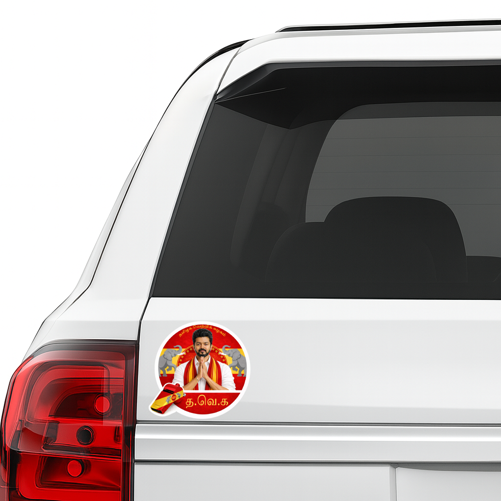 Smeeps Vijay TVK Circular Car Sticker – 10.42 × 10.42 cm (4.1 × 4.1 Inch) Premium Vinyl Decal | Thamizaga Vettri Kazhagam Tamil Text | Waterproof UV Resistant Wash Proof | Pack of 1