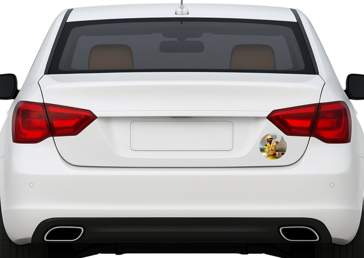Smeeps Ravindra Jadeja CSK Sticker – 10.16 cm (4 Inch) Round Car & Bike Vinyl Decal | Chennai Super Kings All-Rounder Action Design | Waterproof UV Resistant