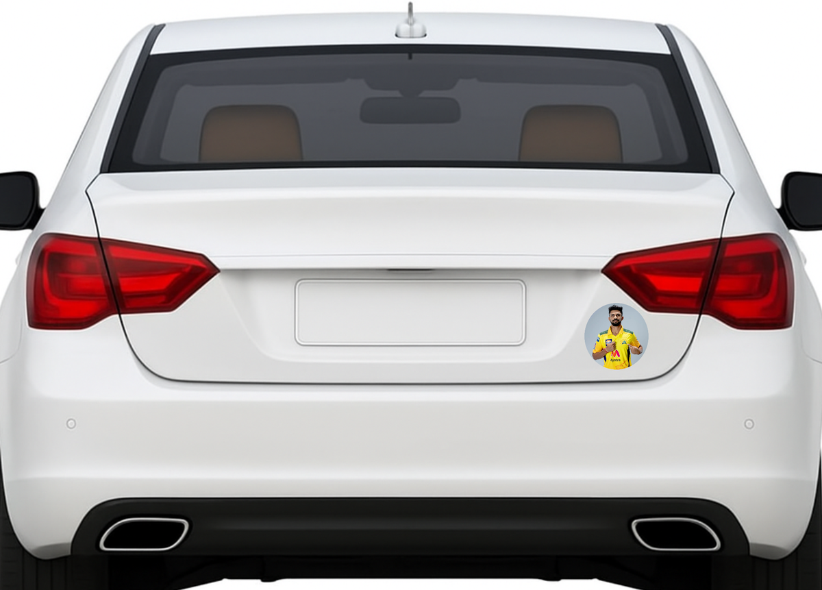 Smeeps Ruturaj Gaikwad CSK Sticker – 10.16 × 10.16 cm Round Car & Bike Vinyl Decal | Chennai Super Kings Jersey Pose Design | Waterproof UV Resistant